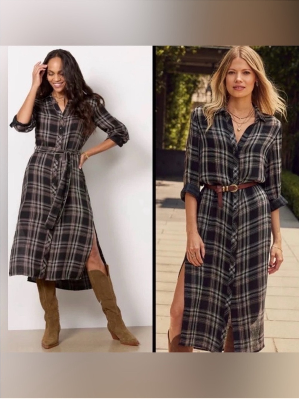 Cloth & Stone Plaid Button Front Long Sleeve Belted Shirt Dress Small